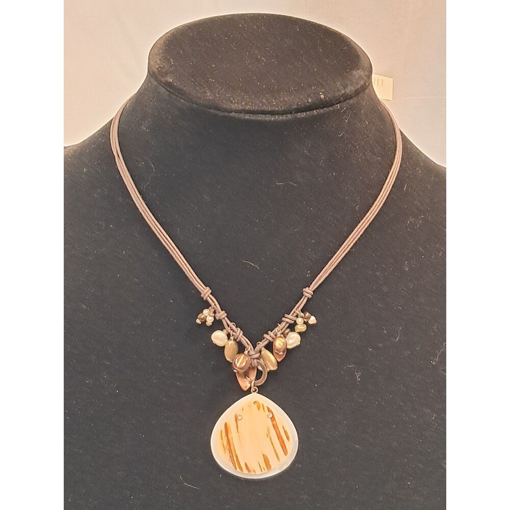 NWT Peyote Bird Reversible Shell Pendant Bead Mix On Brown Cord Necklace 16-18"
